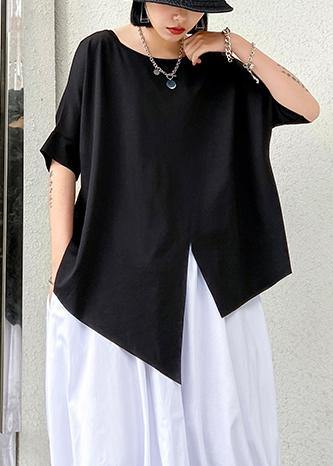 Unique black cotton clothes o neck asymmetric summer shirt