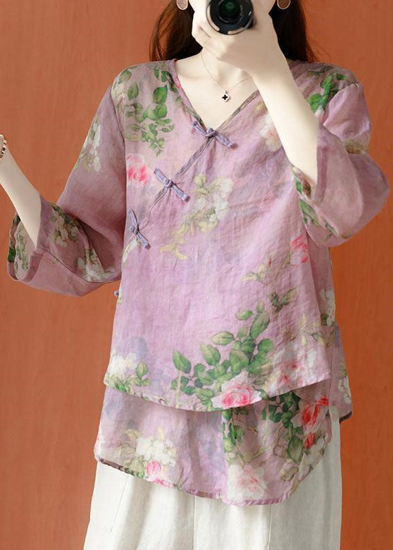 Beautiful Purple Asymmetrical Print cotton blend Blouses Half Sleeve