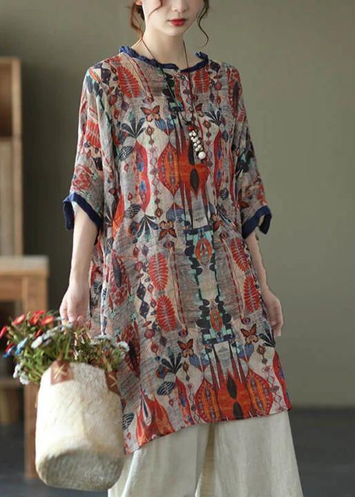 Plus Size-Red Ramie Floral Vintage Women Print Casual Shirt