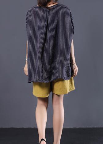 Beautiful blue striped linen clothes For Women v neck baggy summer top