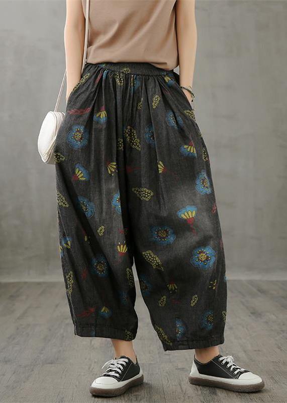 Literary plus size wide-leg pants 2025 autumn new thin yellow printed straight-leg pants