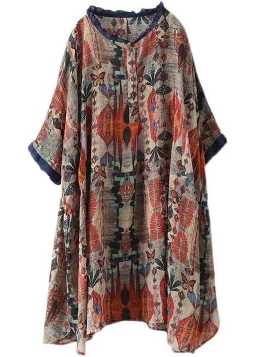 Plus Size-Red Ramie Floral Vintage Women Print Casual Shirt
