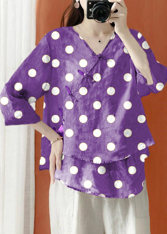 Beautiful Purple Asymmetrical Print cotton blend Blouses Half Sleeve