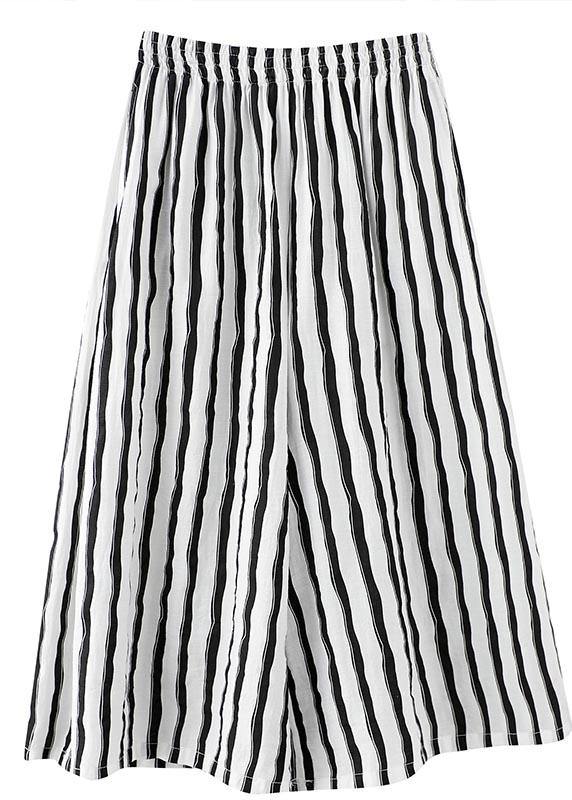 Plus Size Black White Striped Wide Leg Pants Summer Cotton