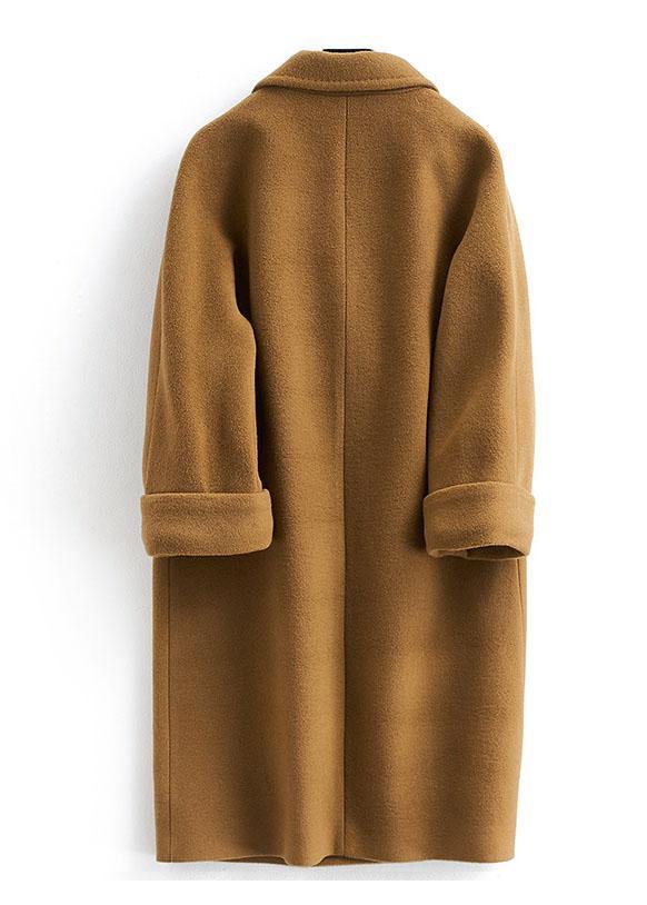 vintage plus size long double breast coats brown Notched woolen outwear