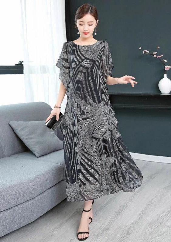 Simple o neck chiffon Wardrobes Women Sewing black print Kaftan Dress